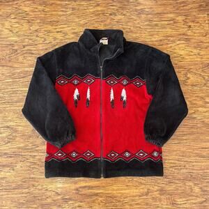 Northern Lifestyles Wolf Feather Black Red Fleece Zip Jacket Medium